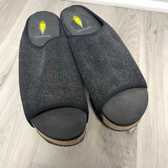 Volatile Sandals Womens 9 Festina Black Shimmery Stretch Knit Low Platform Wedge - Picture 2 of 6